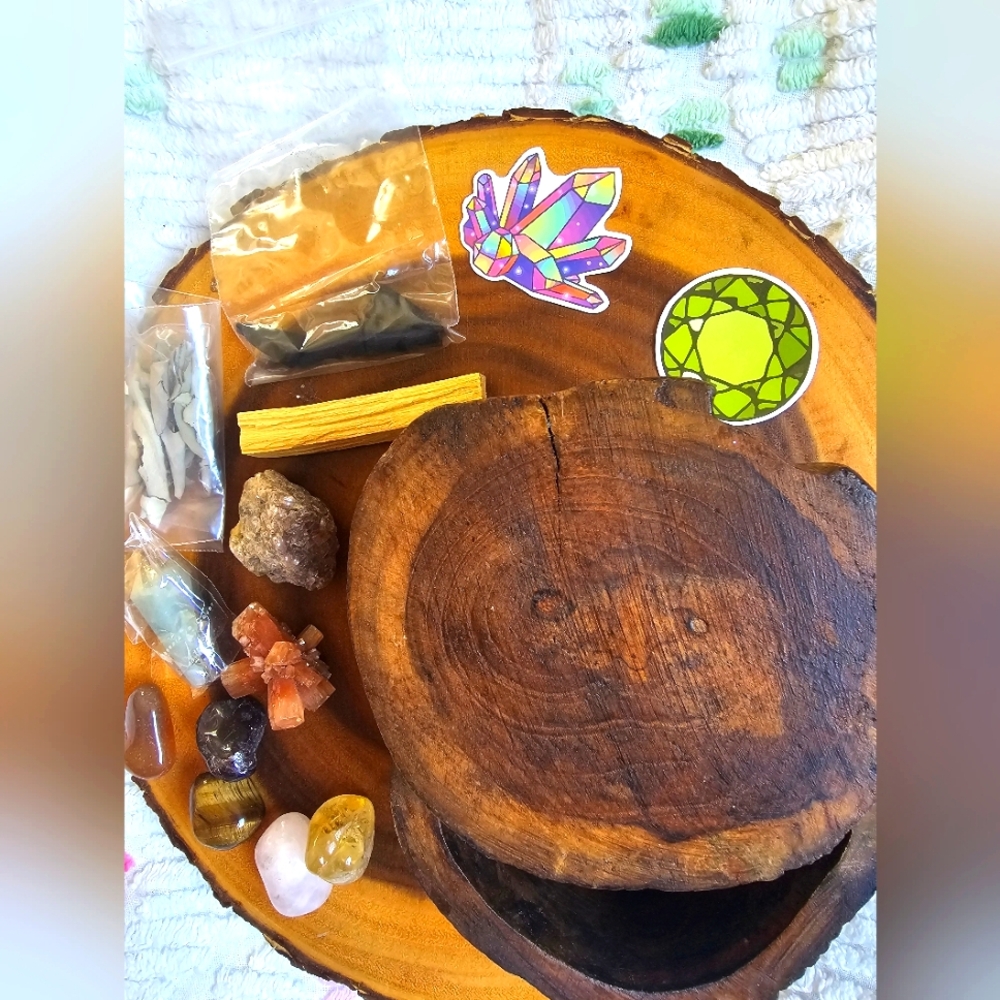 Wooden Trinket Box with Crystals